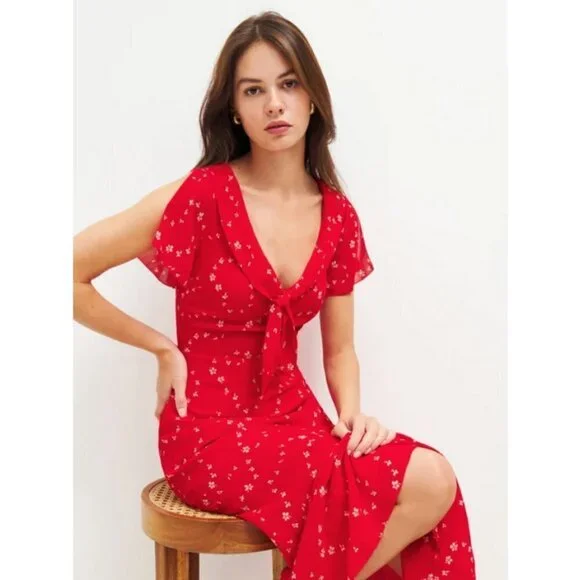 💕REFORMATION💕 Talleen Dress ~ Fresno Red Floral Print 4 NWT